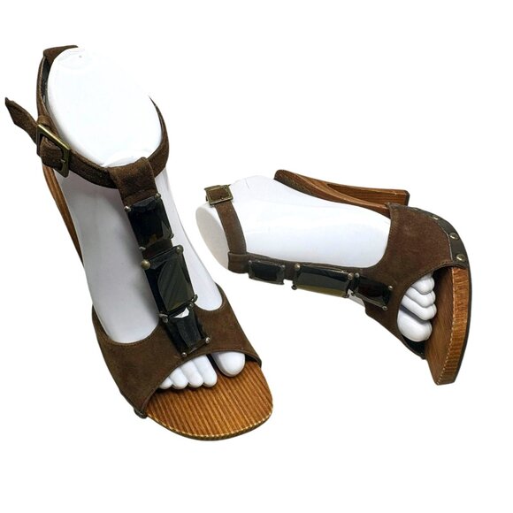 Beverly Feldman Cocoa‎ Suede Bejeweled T-Strap Wooden Sandals - Picture 11 of 11